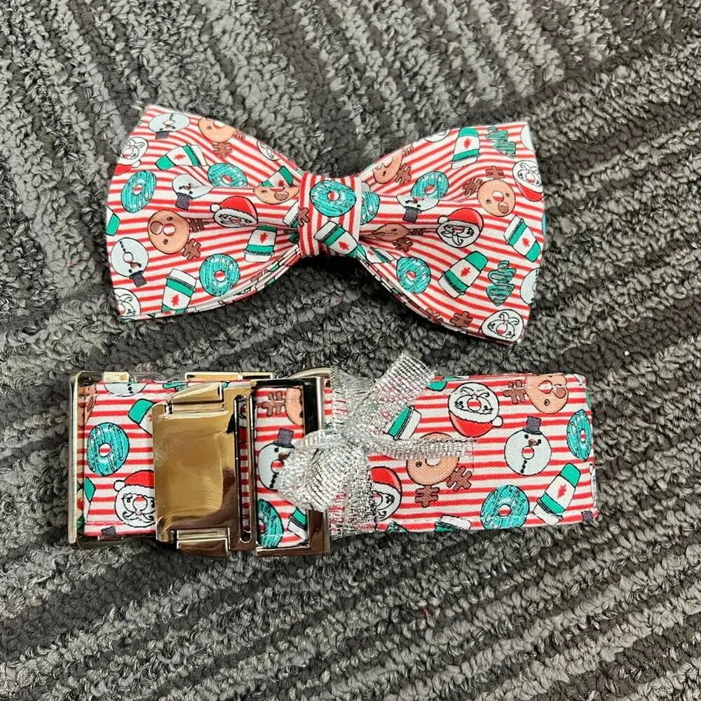 DOGWONG Christmas Dog Collar with Sailor Bow, Red Santa Claus Stripe Dog Collar
